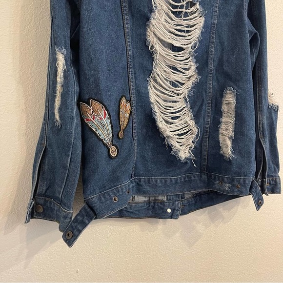 Custom Made Distressed Jean Jacket with Tribal Patches, Festival, Coachella - Picture 6 of 9